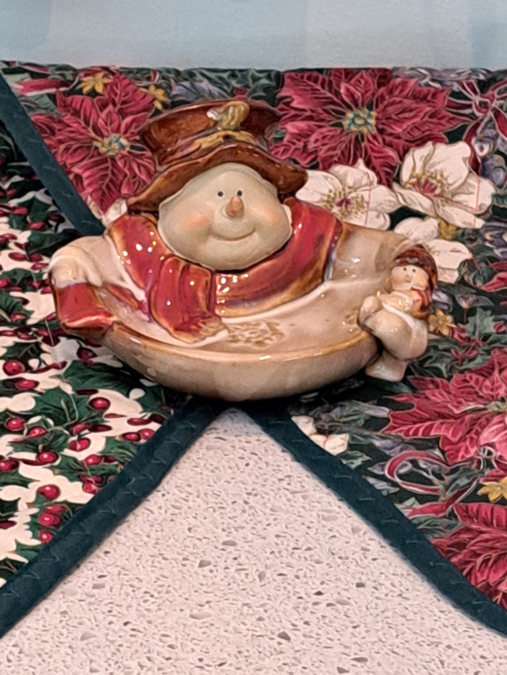 Vintage 80's/ 90's Ceramic Snowman Candy Dish - Red, Cream, Brown